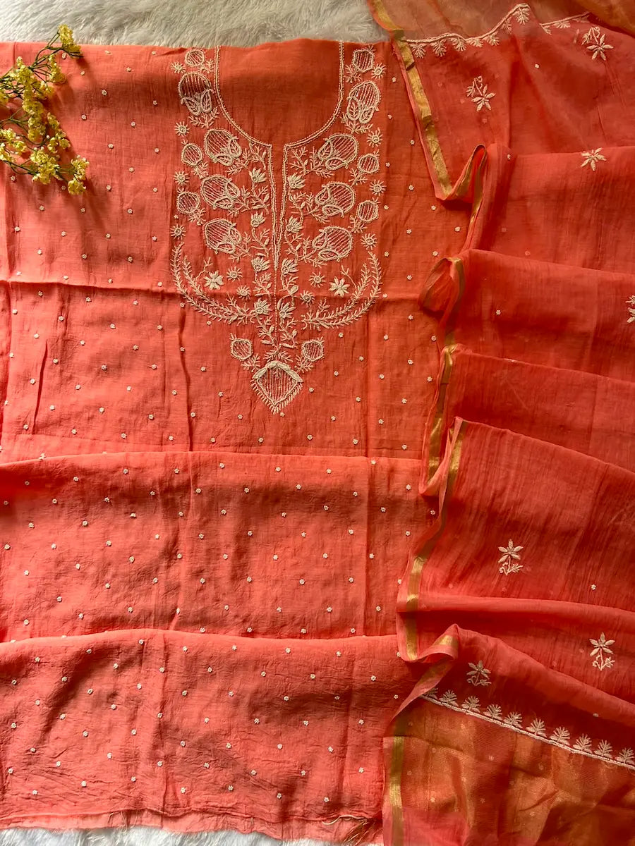 Aaliya Women's Peach MuL Chanderi Handwork Kurta and Dupatta Unstitched Suit
