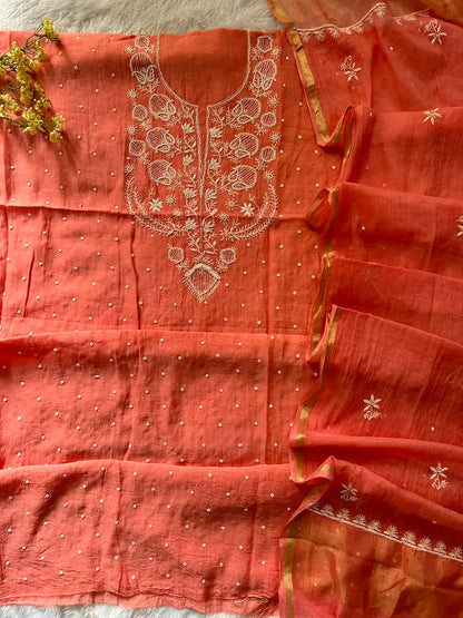 Aaliya Women's Peach MuL Chanderi Handwork Kurta and Dupatta Unstitched Suit