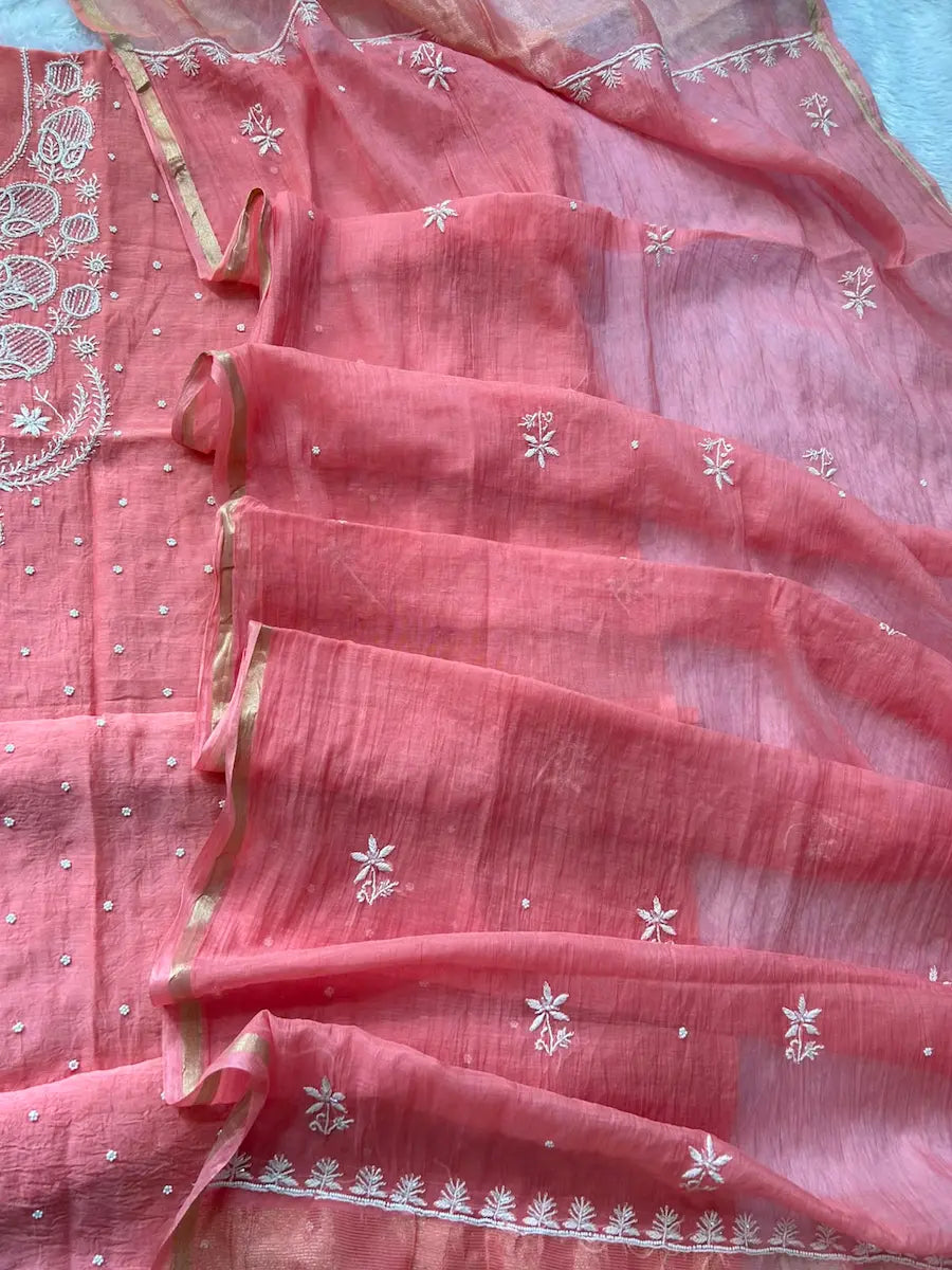 Aaliya Women's Peach MuL Chanderi Handwork Kurta and Dupatta Unstitched Suit