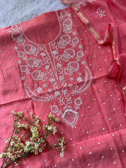 Aaliya Women's Peach MuL Chanderi Handwork Kurta and Dupatta Unstitched Suit