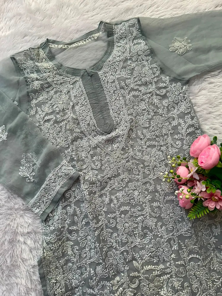 Karishma Gray Georgette Chikankari Kurti