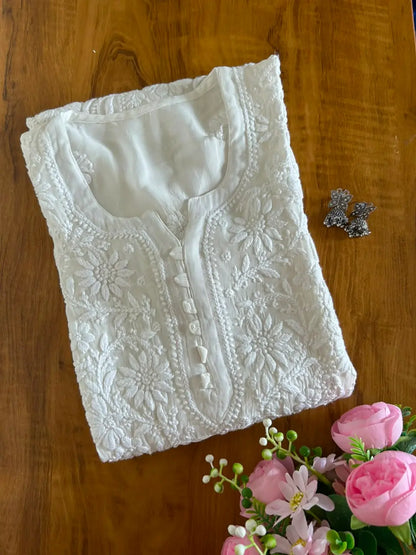 Yusra White Viscose Georgette Chikankari Long Kurta