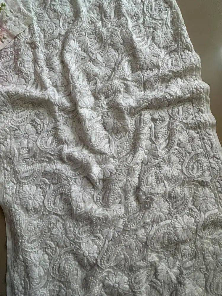 Yusra White Viscose Georgette Chikankari Long Kurta