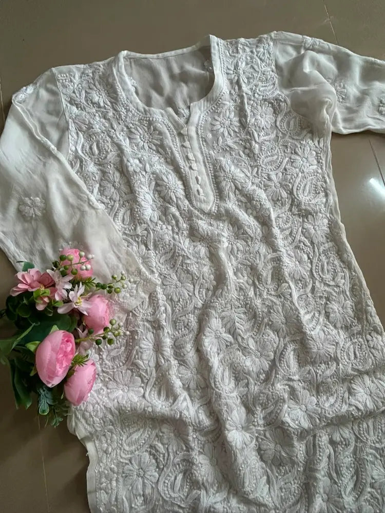 Yusra White Viscose Georgette Chikankari Long Kurta