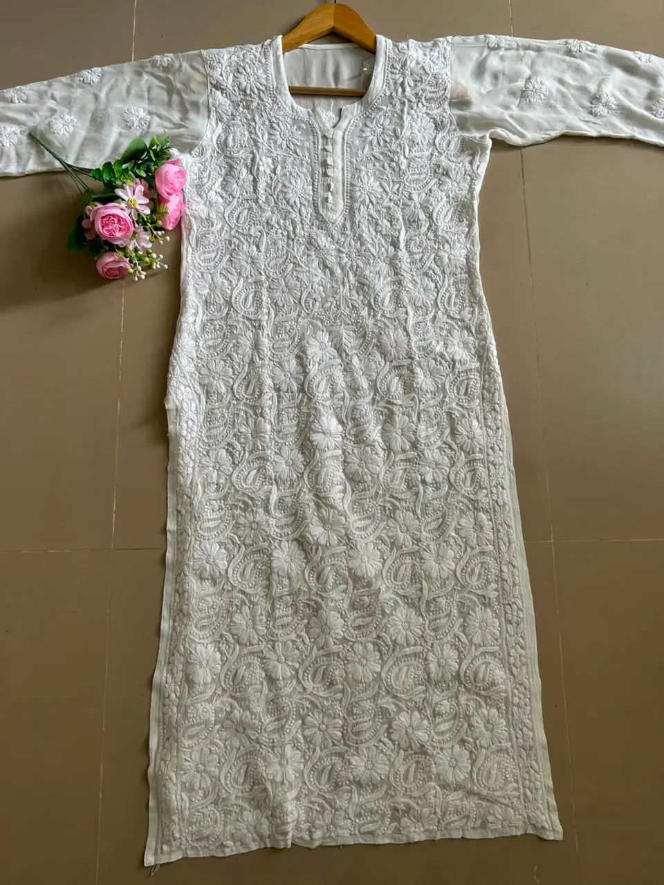 Yusra White Viscose Georgette Chikankari Long Kurta
