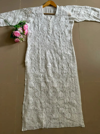Yusra White Viscose Georgette Chikankari Long Kurta