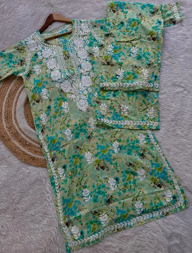 Shifa Green Lucknowi Chikankari Printed Mul Mul Kurta Set