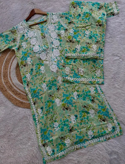 Shifa Green Lucknowi Chikankari Printed Mul Mul Kurta Set