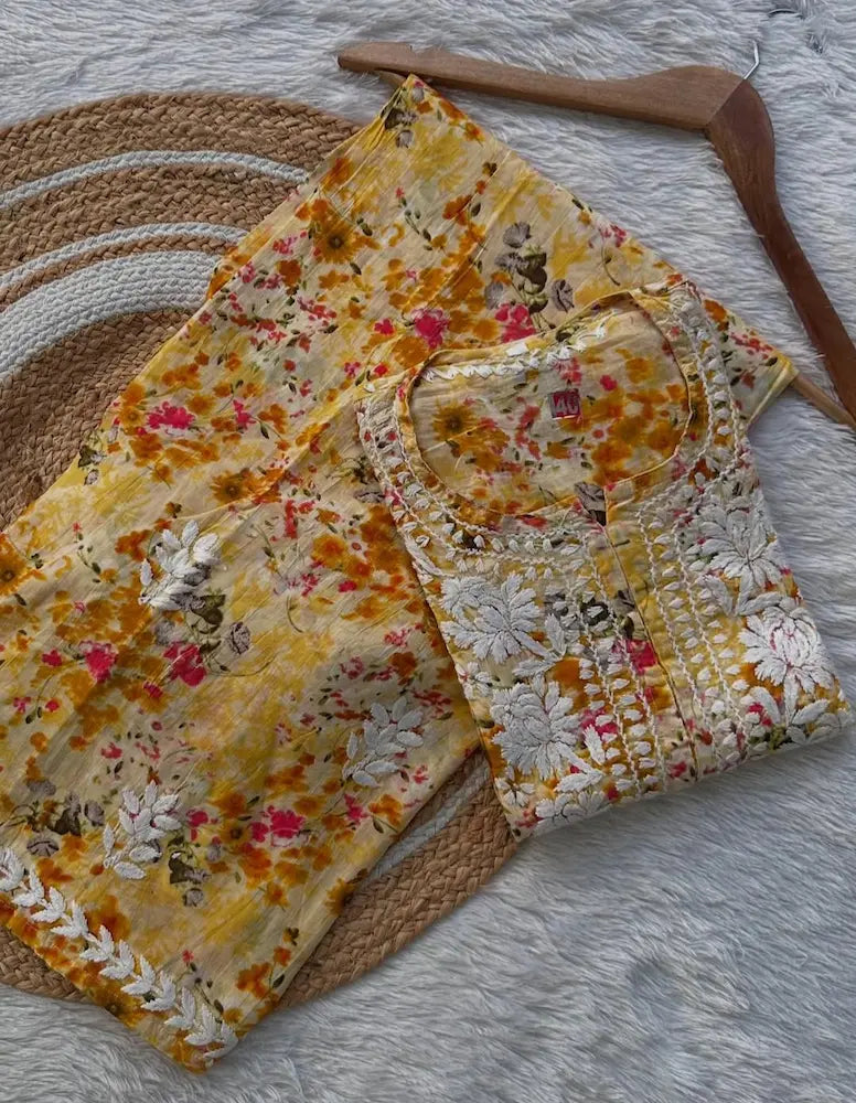 Shifa Yellow Chikankari Printed Mul Mul Set