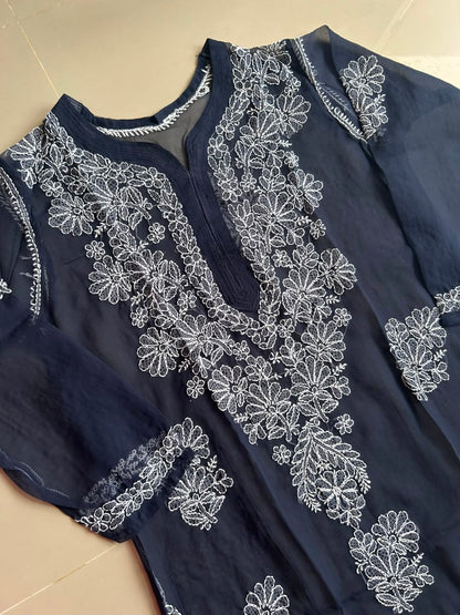 Ayena Navy Blue Georgette Chikankari Kurti