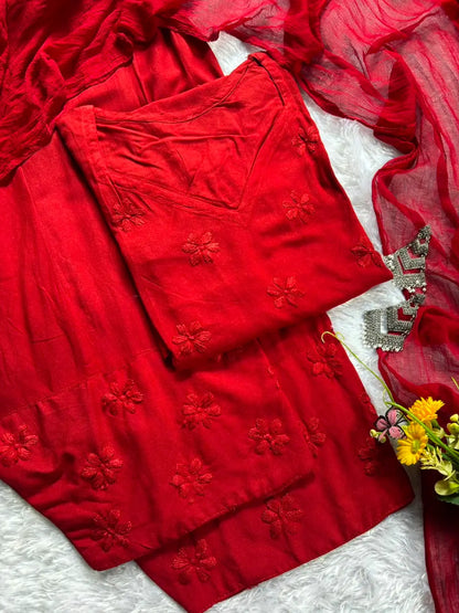 Red Rayon Chikankari Farshi Set