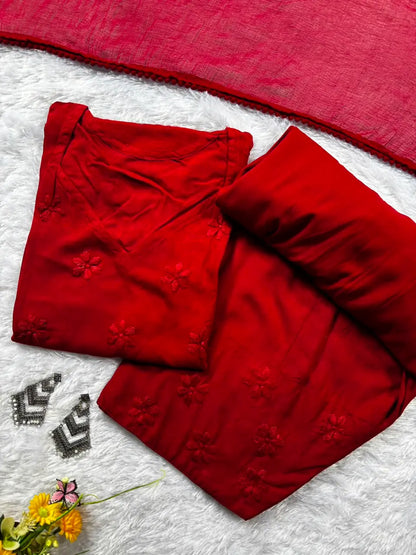 Red Rayon Chikankari Farshi Set