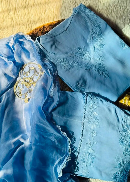 Powder Blue Sleeveless Rayon Chikankari Farshi Set