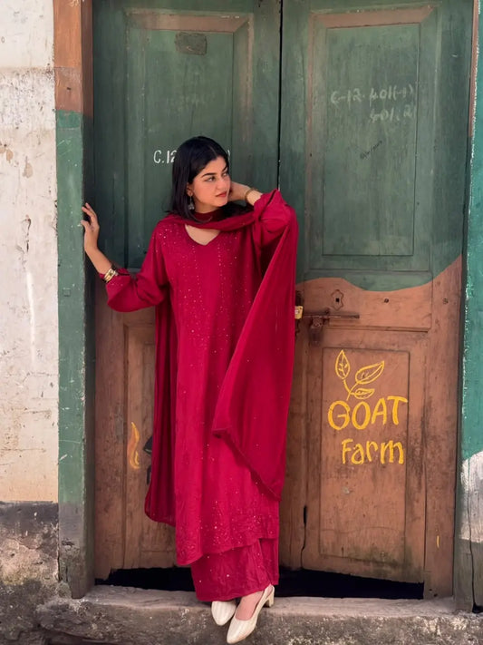 Nagma Maroon Rayon Lucknowi Mukesh Chikankari Set with Dupatta