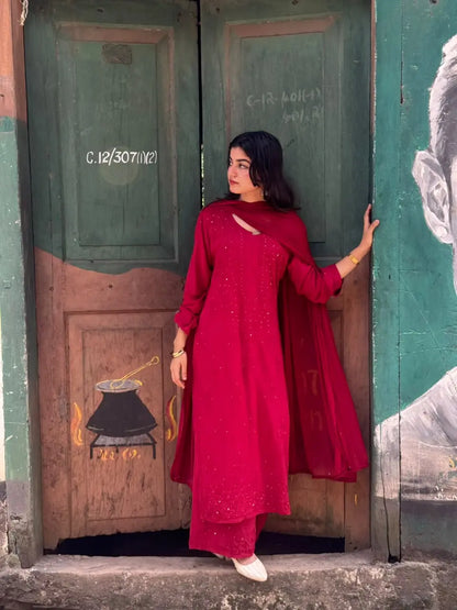 Nagma Maroon Rayon Lucknowi Mukesh Chikankari Set with Dupatta