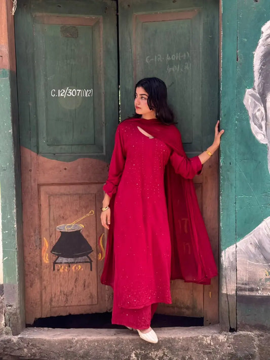 Nagma Maroon Rayon Lucknowi Mukesh Chikankari Set with Dupatta