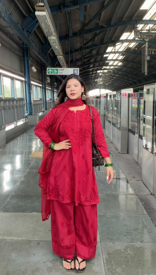 मैरून चिकनकारी फ़र्शी शलवार सूट