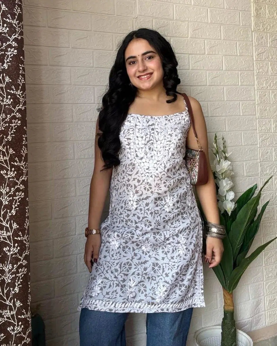 White noodle strap short kurti with chikankari embroidery by Hayat’s Lucknowi
