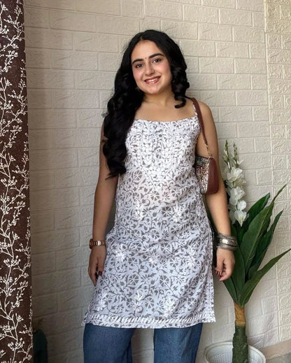 White noodle strap short kurti with chikankari embroidery by Hayat’s Lucknowi