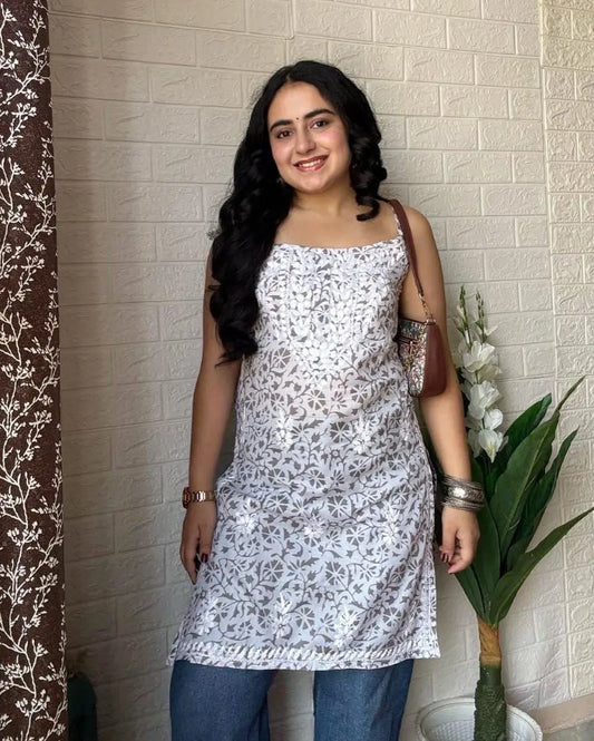 White noodle strap short kurti with chikankari embroidery by Hayat’s Lucknowi