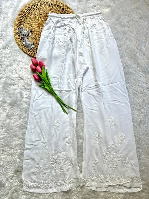 White rayon kurta set with chikankari embroidery  pant  casual daily wear by Hayat’s Lucknowi