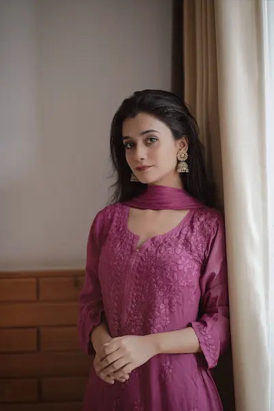 Wine rayon kurta set with Lucknowi chikankari embroidery by Hayat’s Lucknowi