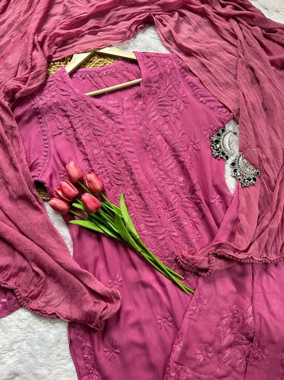 Wine rayon kurta set with Lucknowi chikankari embroidery by Hayat’s Lucknowi