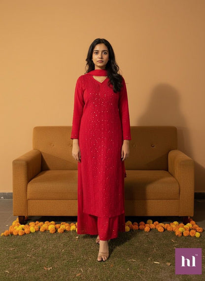 Wine viscose georgette long kurta gharara set with chikankari and mukesh embroidery by Hayat’s Lucknowi