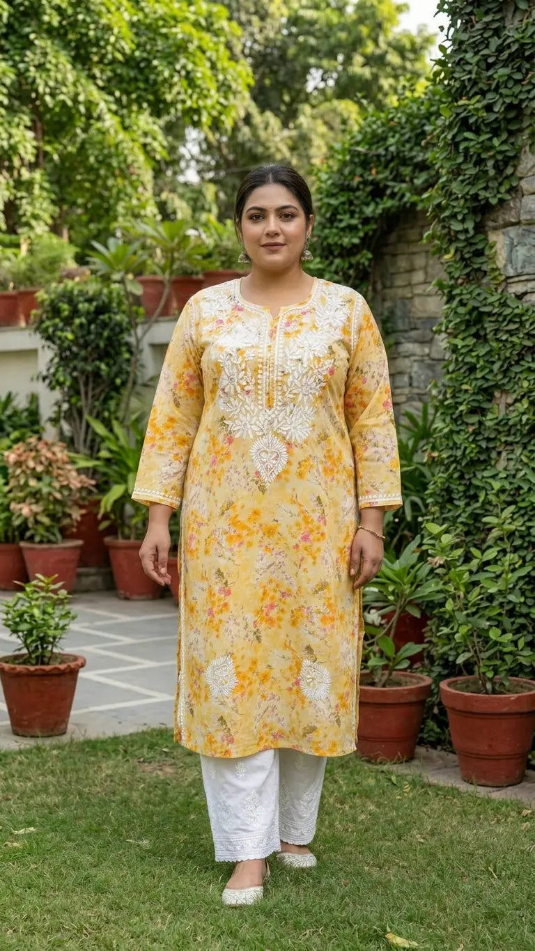 
Yellow mulmul plus size Lucknowi chikankari kurta crafted for light, airy comfort with graceful traditional styling by Hayat's Lucknowi