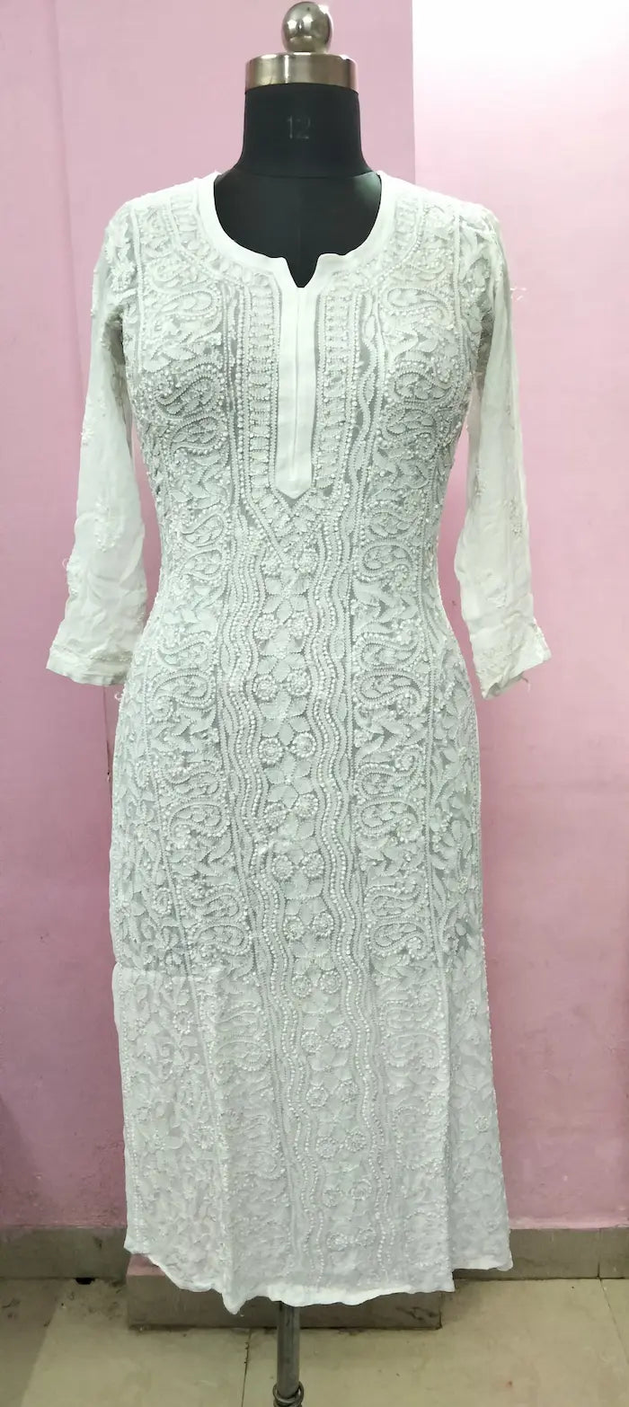 Pure White georgette chikankari kurti with embroidery  full sleeves by Hayat’s Lucknowi