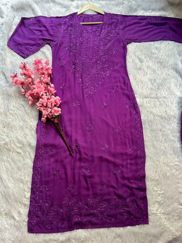 purple  rayon kurta suit set with chikankari embroidery by Hayat’s Lucknowi
