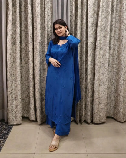 
Zeenat blue rayon Lucknowi chikankari kurta set with dupatta featuring intricate hand embroidery and elegant traditional craftsmanship for timeless festive and ethnic wear by Hayat's Lucknowi.
