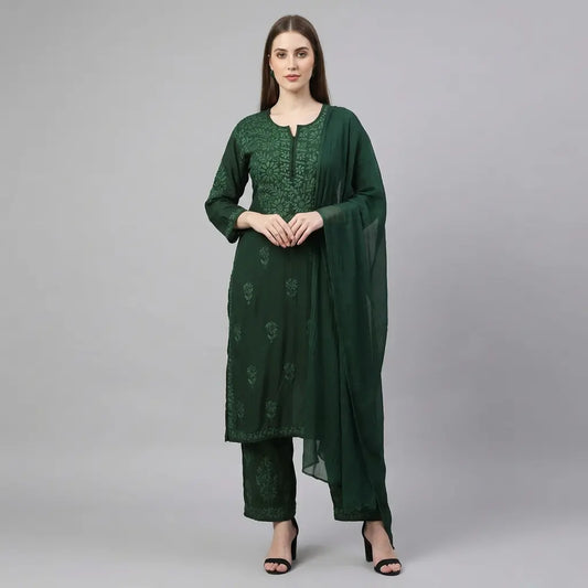 
Zeenat bottle green rayon Lucknowi chikankari kurta set with dupatta featuring intricate hand embroidery for a graceful and elegant ethnic ensemble by Hayat's Lucknowi
