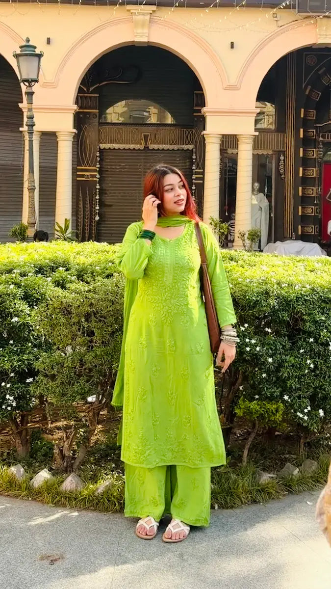 
Zeenat henna green rayon Lucknowi chikankari kurta set with dupatta featuring intricate hand embroidery for elegant ethnic wear by Hayat's Lucknowi