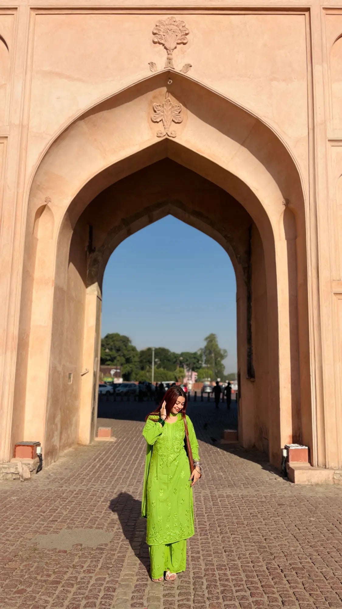
Zeenat henna green rayon Lucknowi chikankari kurta set with dupatta featuring intricate hand embroidery for elegant ethnic wear by Hayat's Lucknowi