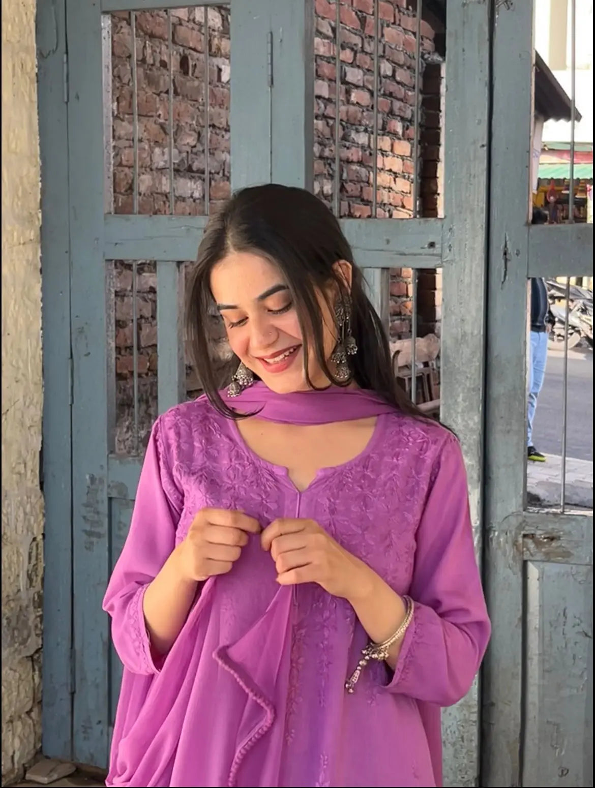 
Zeenat lavender rayon Lucknowi chikankari kurta set with dupatta featuring intricate hand embroidery and elegant traditional craftsmanship for graceful festive and ethnic wear by Hayat's Lucknowi.
