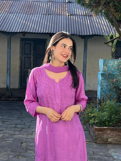 
Zeenat lavender rayon Lucknowi chikankari kurta set with dupatta featuring intricate hand embroidery and elegant traditional craftsmanship for graceful festive and ethnic wear by Hayat's Lucknowi.
