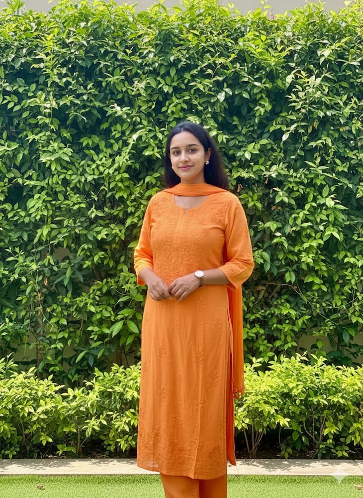 Mustard rayon kurta set with chikankari embroidery by Hayat’s Lucknowi