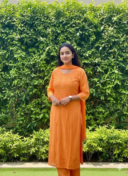 Mustard rayon kurta set with chikankari embroidery by Hayat’s Lucknowi