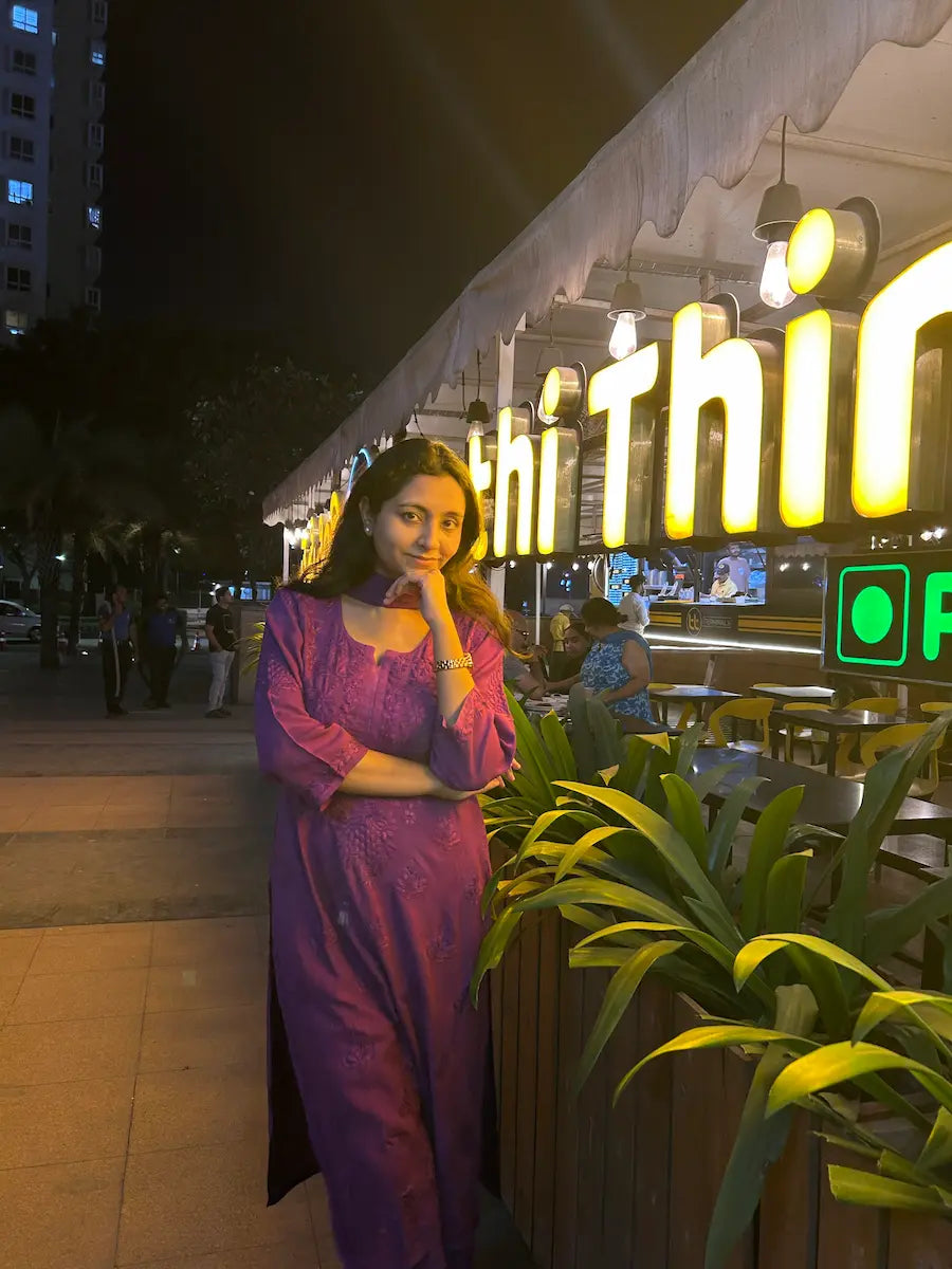 Purple rayon kurta suit set with chikankari embroidery by Hayat’s Lucknowi”