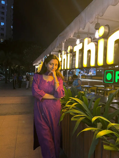 Purple rayon kurta suit set with chikankari embroidery by Hayat’s Lucknowi”