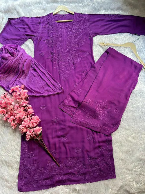 Purple rayon kurta suit set with chikankari embroidery by Hayat’s Lucknowi