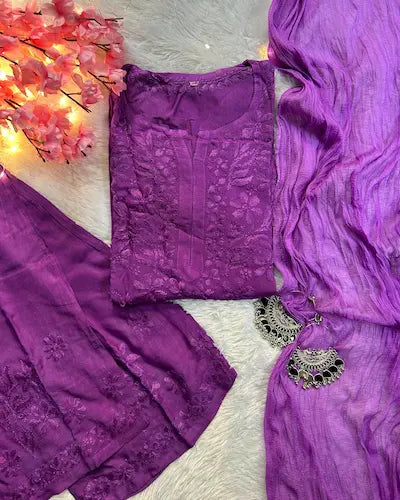 Purple rayon kurta suit set with chikankari embroidery by Hayat’s Lucknowi