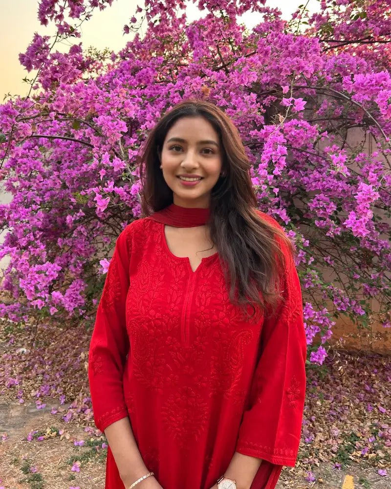 Red rayon kurta set with Lucknowi chikankari embroidery by Hayat’s Lucknowi