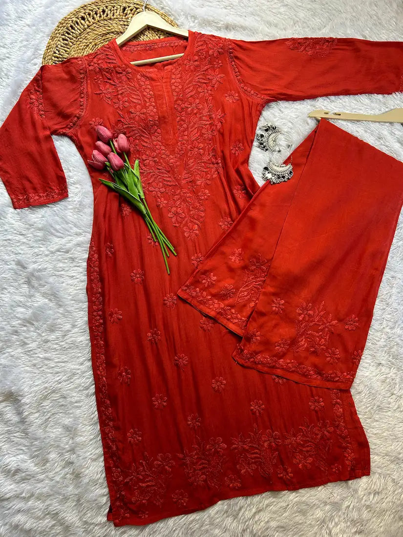 Rust brown rayon kurta set with Lucknowi chikankari embroidery by Hayat’s Lucknowi