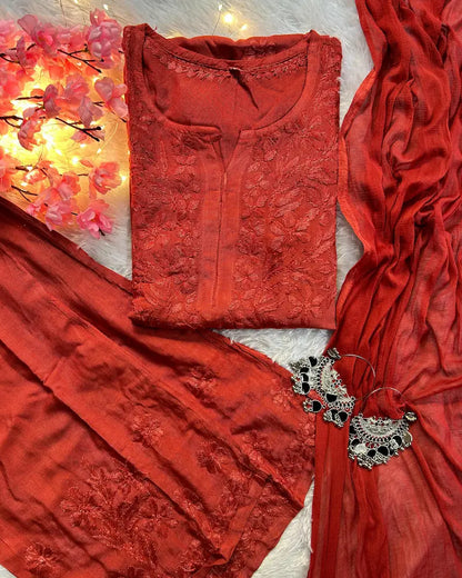Rust brown rayon kurta set with Lucknowi chikankari embroidery by Hayat’s Lucknowi