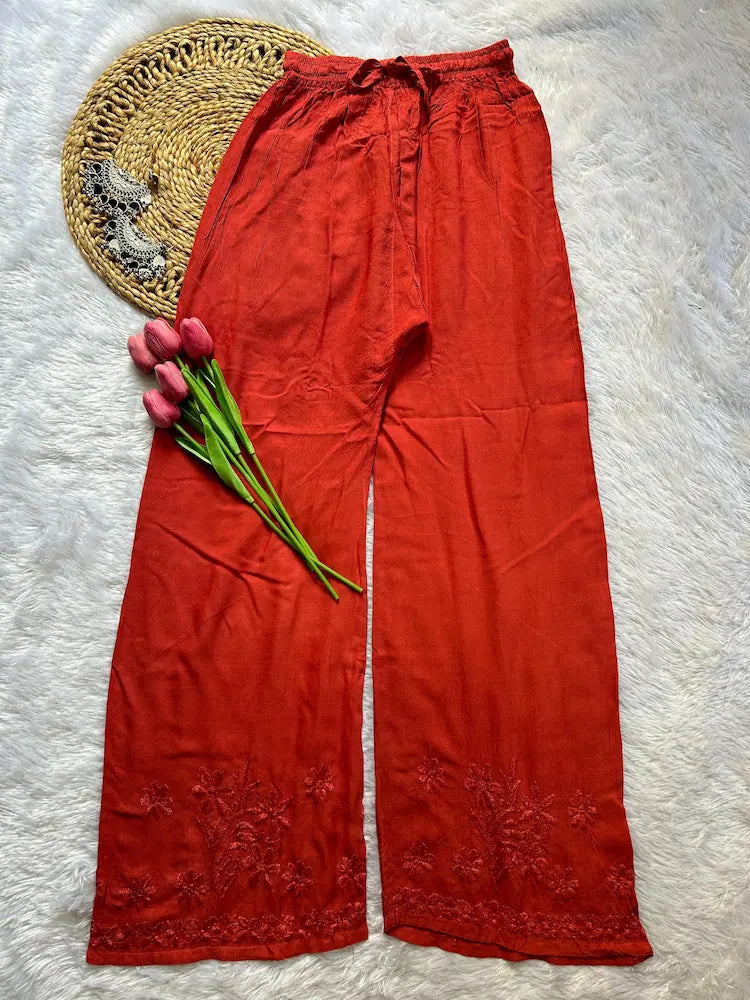 Rust brown rayon kurta set with Lucknowi chikankari embroidery by Hayat’s Lucknowi