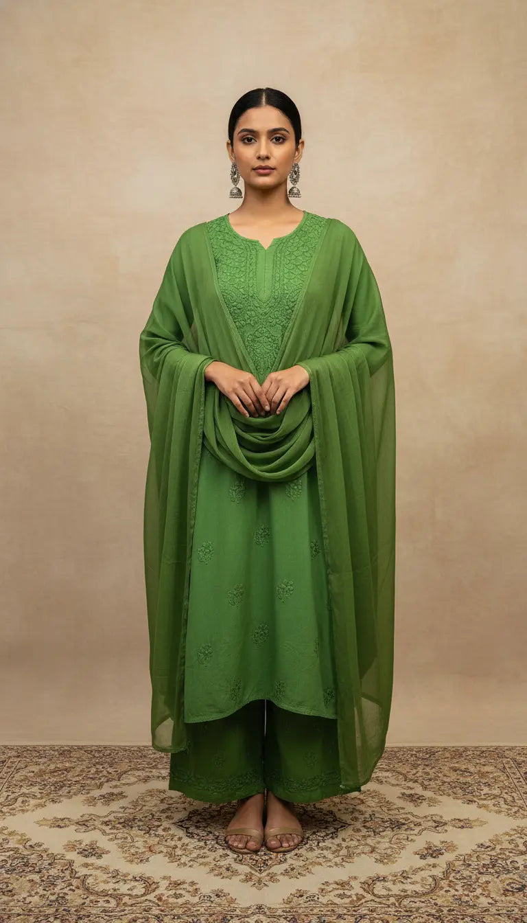 
Sabz green rayon chikankari kurta set with dupatta featuring handcrafted Lucknowi embroidery by Hayat's Lucknowi

