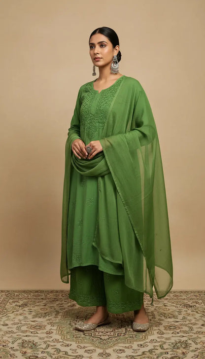 
Sabz green rayon chikankari kurta set with dupatta featuring handcrafted Lucknowi embroidery by Hayat's Lucknowi
