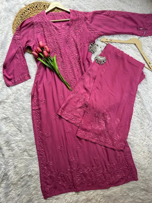 Wine rayon kurta set with Lucknowi chikankari embroidery by Hayat’s Lucknowi